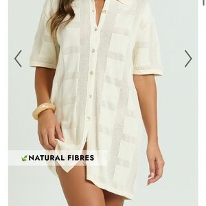 Showpo Tully Knit Crochet Cream Short Sleeve Button-Up Shirt Dress Mini